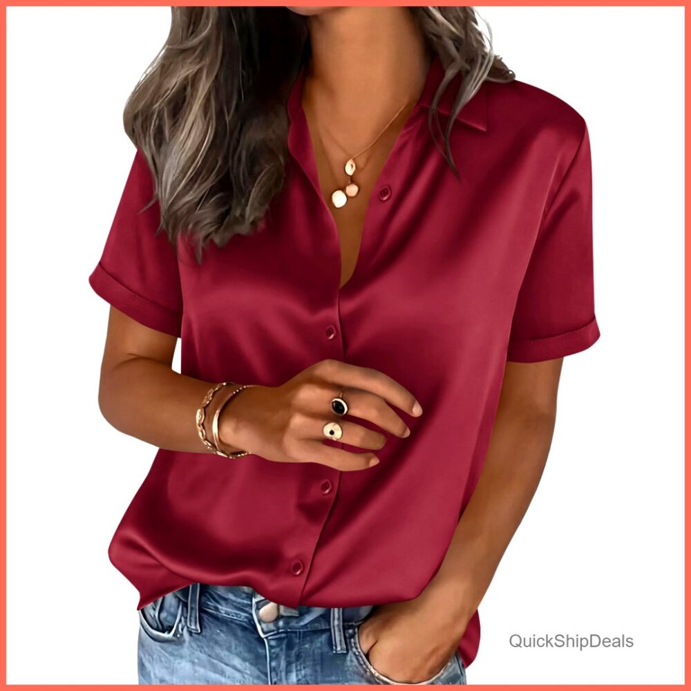 Short Sleeve Satin Button Down Shirt Business Casual Work Top